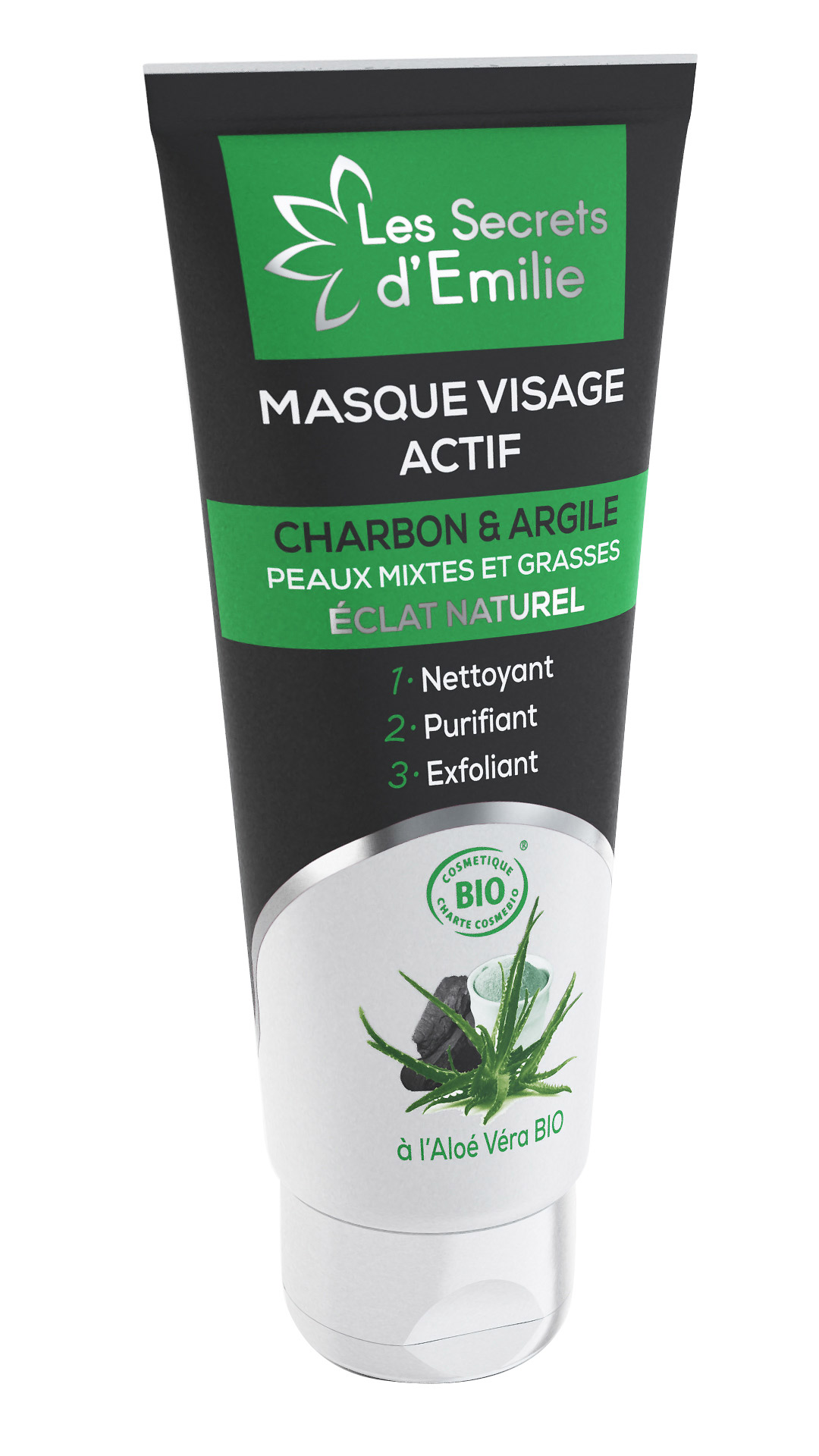 Masque Visage Actif au Charbon végétal, Argile blanche et Aloé Véra BIO Peaux mixtes et grasses, s'utilise en masque ou comme exfoliant